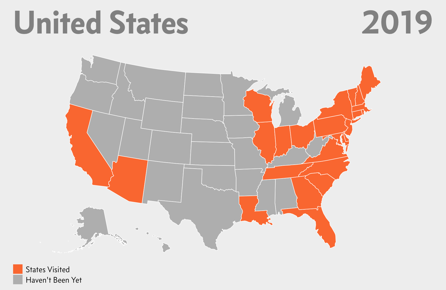 Map of the US States Visited, 2019